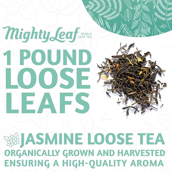 Mighty Leaf Organic Spring Jasmine Green Tea – 1 lb Bulk Loose Leaf Bag – Lightly Caffeinated Premium Whole Leaf Green Tea Naturally Scented with Jasmine Blossoms – Hot or Iced Brewing