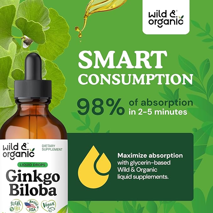 Wild &amp Organic Ginkgo Biloba Extract Drops - Brain &amp Focus Support - Liquid Ginkgo Biloba Supplements - Vegan Sugar &amp Alcohol-Free Herbal Tincture - 4 fl oz