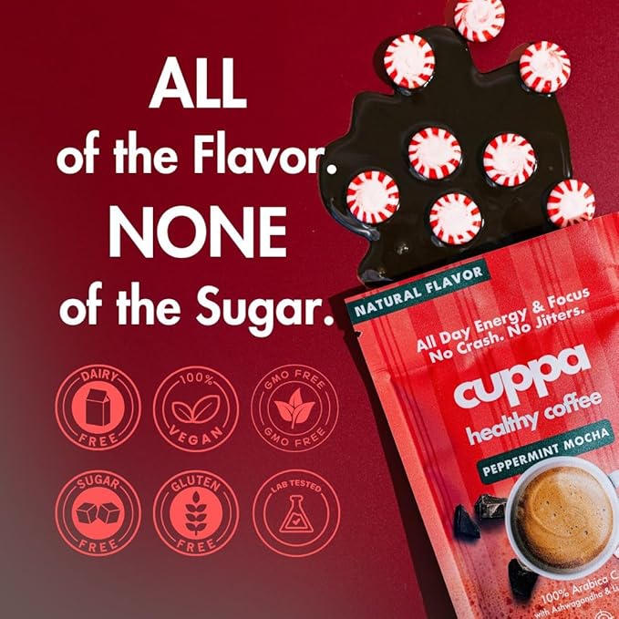 Cuppa Peppermint Mocha Mushroom Coffee with Adaptogens &amp Superfoods - Lion’s Mane Ashwagandha &amp Cordyceps. Adaptogens + MCT to support natural energy mental focus &amp gut health (30 Servin