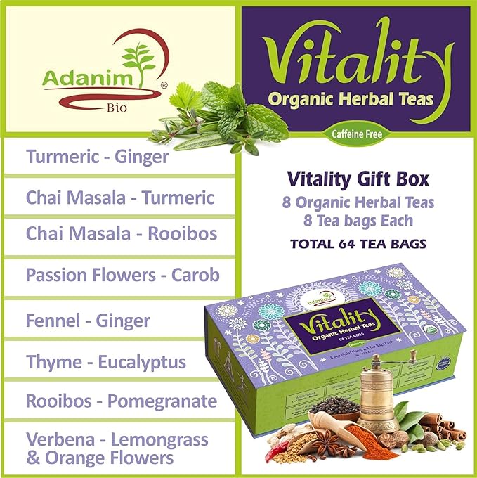 Adanim Bio Vitality Organic Herbal Tea Sampler Gift Box Caffeine Free 8 Unique Flavors for Tea Lovers 64 Individually Wrapped Tea Bags Variety Pack