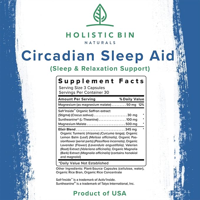 Holistic Bin Circadian Sleep Aid | Science-Backed All Natural Sleep Aids for Adults | Non-Groggy &amp Non-Habit Forming with L-Theanine Magnesium Valerian Root &amp More for Sleep Help