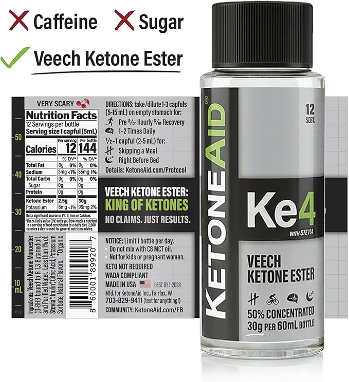 KetoneAid Ke4 Ketone Ester Concentrate | Not a Ketone Salt No Sugar No Caffeine | Exogenous D-BHB Ester | 12 Serving Per Bottle (1 Count)
