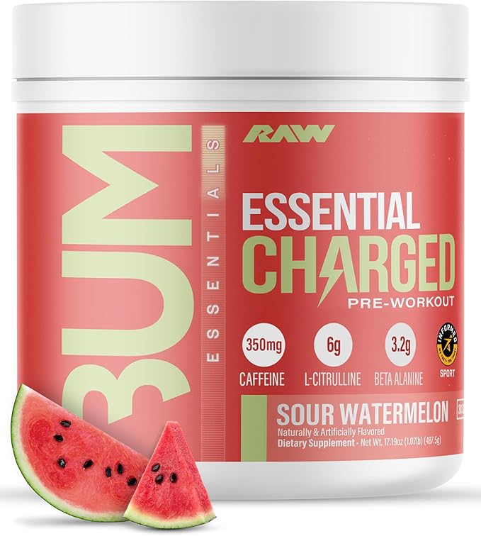 RAW Pre-Workout Powder Essential CHARGED (Sour Watermelon) - Preworkout Supplement for Men &amp Women - Supports Focus Mood &amp Performance - Caffeine Alpha-GPC L-Citrulline Beta Alanine (25 S