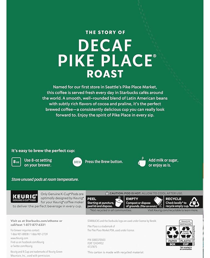 Starbucks Decaf Pike Place Roast K Cups 72 Count (3 boxes of 24 K-Cups)