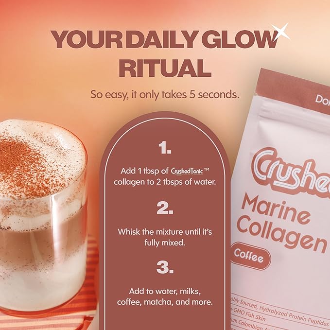Crushed Tonic Korean Beauty Collagen Coffee | Hydrolyzed Marine Collagen Peptides + Arabica Coffee | K-Beauty Drink | Gluten-Free Halal &amp Kosher (Coffee 15 Servings Sticks)