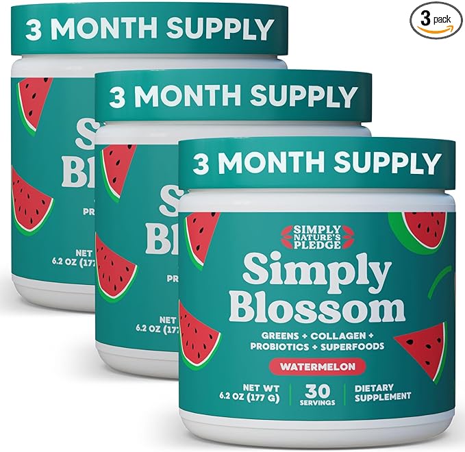 Simply Blossom Nutrition Daily Greens &amp Superfood Powder + Collagen + Probiotics for Women's Digestive Health &amp Bloating Relief. Help Your Health Bloom - 3 Month Supply - Watermelon