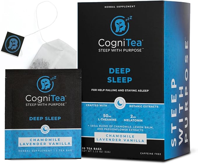 CogniTea Deep Sleep Tea 2mg Melatonin and 50mg L-Theanine for Deep Sleep with Valerian Chamomile Lemon Balm and Passion flower Extra Strength Sleepy for Night Time Rest and Relaxation