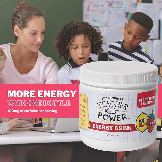 Teacher Power (The Original) Sugar Free Energy Drink 70/servings per Jar 100mg Caffeine with B Vitamins (Strawberry Lemonade)