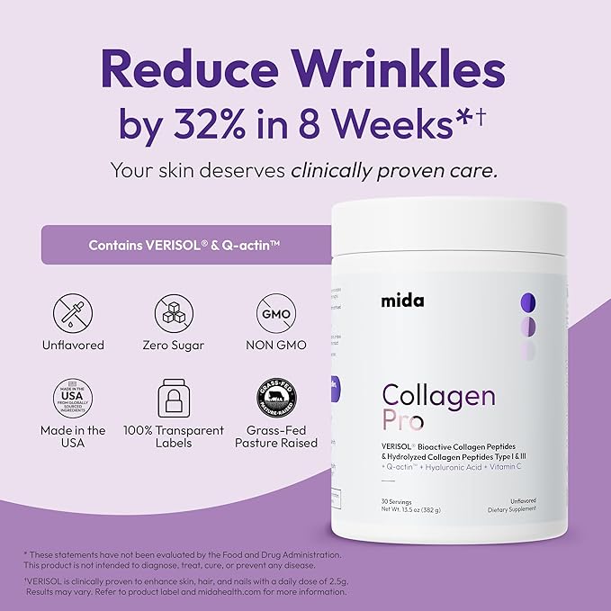 VERISOL® Hydrolyzed Collagen Peptides Type I &amp III with Vitamin C Hyaluronic Acid Biotin Q-ACTIN® | Unflavored Powder for Smooth Skin Thick Hair Strong Nails &amp Joint Health | 30 Servings