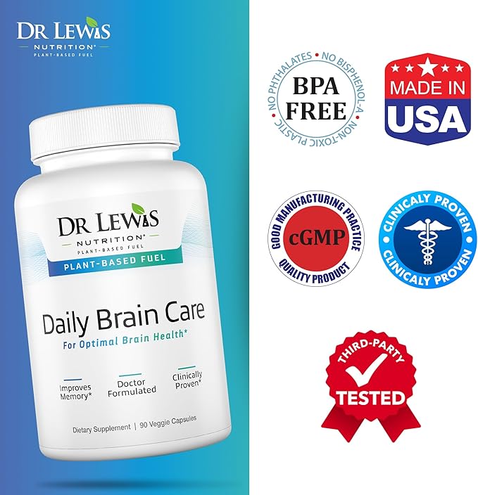 Dr Lewis Daily Brain Care Capsules - Brain Supplements for Memory and Focus with Aloe Vera - Plant-Based Nootropic and Energy Supplement for Brain Fog Mental Clarity and Immune Support - 90 Capsules
