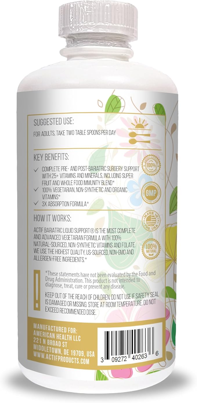 Actif Organic Bariatric Liquid Support With 25+ Organic Vitamins And Minerals For Bariatric Surgery Advanced Formula Non GMO 32 Oz