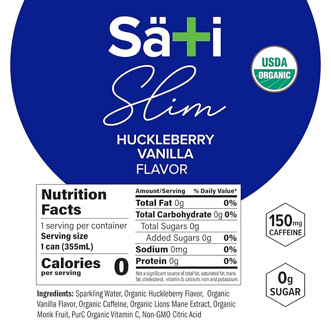 Sati Slim Organic Huckleberry Vanilla - Adaptogenic Beverage with Lions Mane Green Coffee Bean &amp Acerola Vitamin C | Zero Calories Zero Sugar 12-Pack Case