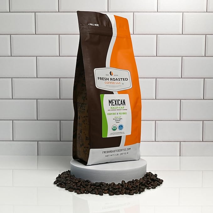 Fresh Roasted Coffee Organic Mexican Water-Processed Half-caf | USDA Kosher | Medium Roast 2 lb (32 oz) Whole Bean