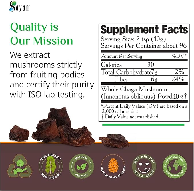 Sayan Siberian Pure Raw Chaga Mushroom Chunks with Black Top Crust 35.2 Oz/ 2.2 lb – Premium Wild-Harvested Antioxidant Tea for Immune Support Focus and Digestive Health - Non-GMO