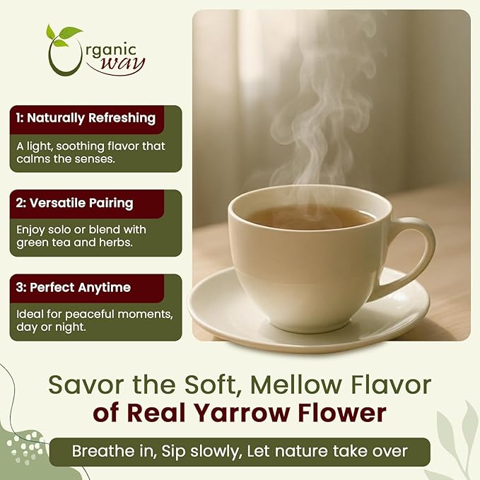 Organic Way Yarrow Flower Cut &amp Sifted (Achillea millefolium) - Herbal Tea | European Wild-Harvest | Kosher &amp USDA Certified | Vegan Non-GMO &amp Gluten Free | 100% Raw from Albania (1LBS /
