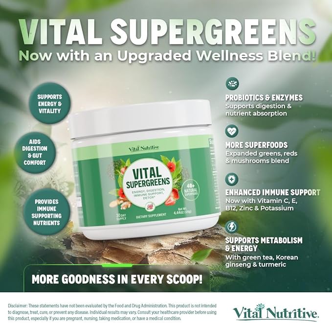 Vital Greens Superfood Powder – New Formula with 40+ Superfoods Daily Green Drink Powder w/Probiotics – Supergreens for Energy Gut Health Digestion Support Plant-Based Vegan Superfoods