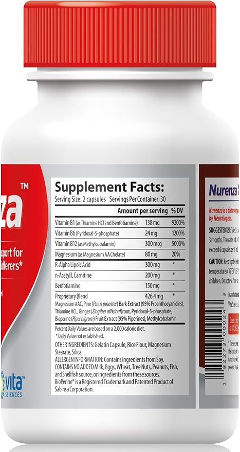 Vita Sciences Nurenza Neuropathy Relief Supplement 40x Strength Natural R-ALA Form for Nerve Health Fast Repair w/Vitamins Antioxidants Revitalizing Feet Hands Legs and Toes. 60 Ct.