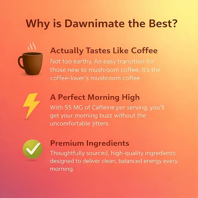 Dawnimate Mushroom Coffee – Tastes Like Coffee Not Too Earthy &amp Still Healthy – Organic Power 8 Mushroom Blend – Including Lion’s Mane Cordyceps Reishi Chaga Turkey Tail &amp More – 30 Serv