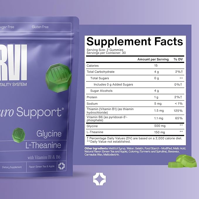 URVI® Neuro Gummies – 500mg Glycine 150mg L-Theanine (high Potency) Vitamins B1 &amp B6 for Rest &amp Sleep Relaxation Calm Focus Stress Relief – Caffeine- &amp Sugar-Free– Green Tea &amp App