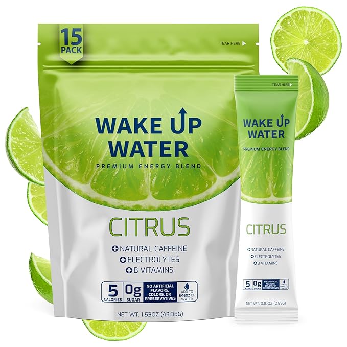 Wake Up Water Energy Drink Mix Sugar Free Clean Energy Powder with Electrolytes &amp B Vitamins Natural Caffeine for Focus &amp Hydration (15 Pack) - Citrus