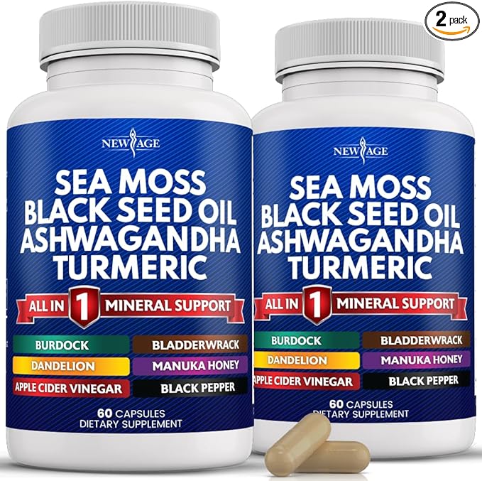 NEW AGE Sea Moss Capsules Black Seed Oil Ashwagandha Turmeric Bladderwrack Burdock - with Manuka Honey Dandelion ACV Black Pepper Gluten Free