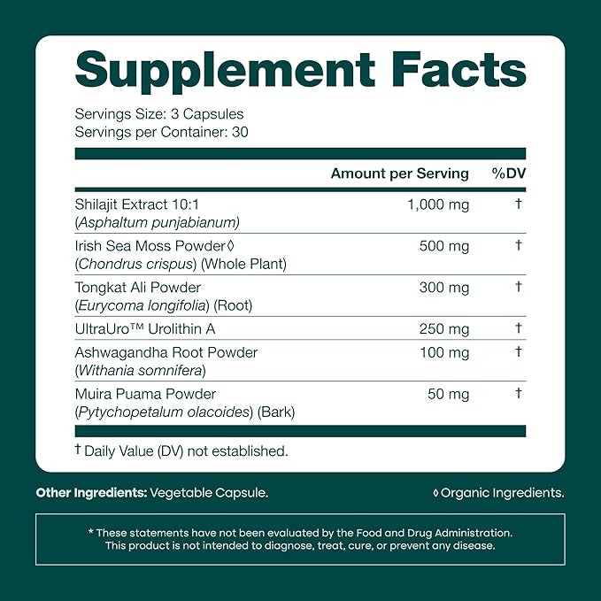 Urolithin-A Complex w Shilajit Organic Sea Moss Ashwagandha &amp Tongkat Ali Natural Energy Libido Hormone Balance and Focus for Men &amp Women (Made in USA - 3rd Party Tested)