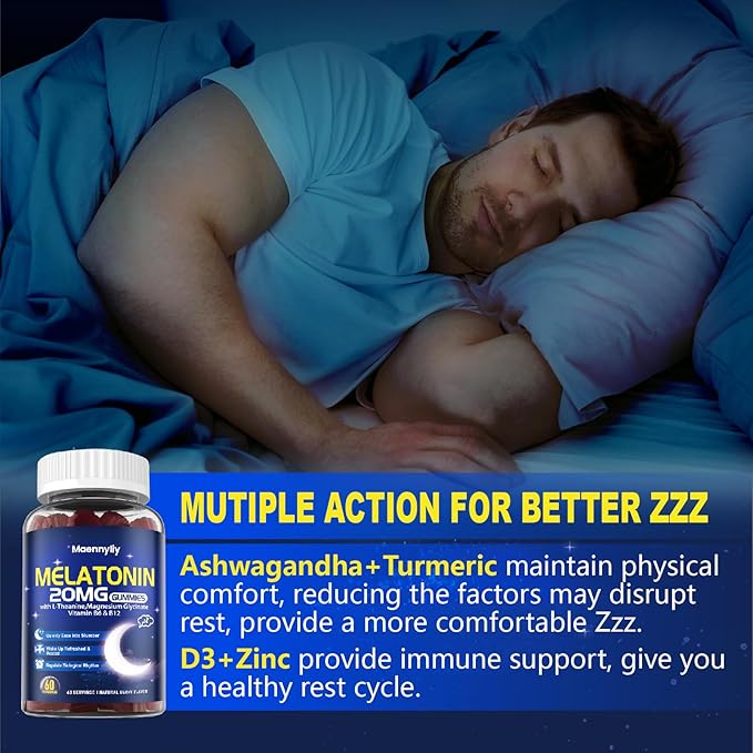 Melatonin 20mg Gummies for Adults - Sugar Free Melatonin Gummies Extra Strength with L-Theanine Magnesium Ashwagandha Turmeric D3 &amp Zinc - Non-Habit Forming