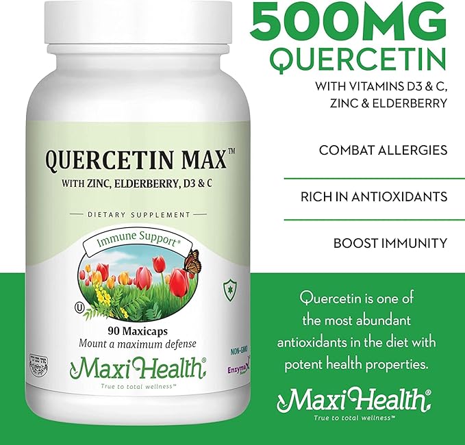 Maxi Health Quercetin 500mg Capsules – Zinc Supplements for Women and Men – Non-GMO Kosher and Gluten-Free Quercetin Supplements with Elderberry Vitamin C and Zinc (90 Veg Capsules Pack of 2)