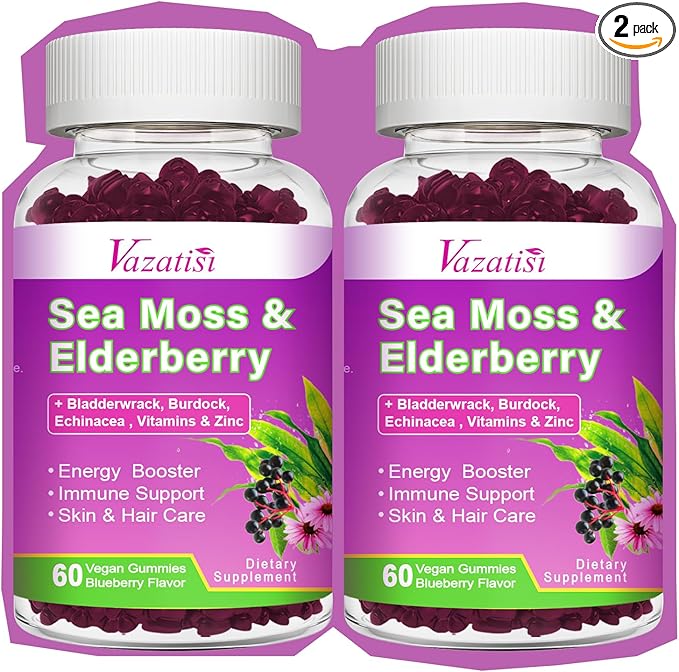 2 Pack Elderberry Gummies with Sea Moss Extra Strength Elderberry with Vitamin C Zinc for Immune Support for Adults Kids Women &amp Men Blueberry Flavor 120Cts