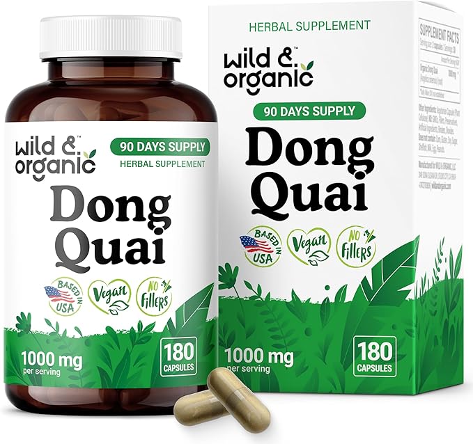 Wild &amp Organic Dong Quai Capsules 1000 mg - Menopause Supplements for Women - Dong Quai Root Supplement - Angelica Root Herb - 90-Day Supply - Non-GMO Vegan Gluten-Free - 180 Count