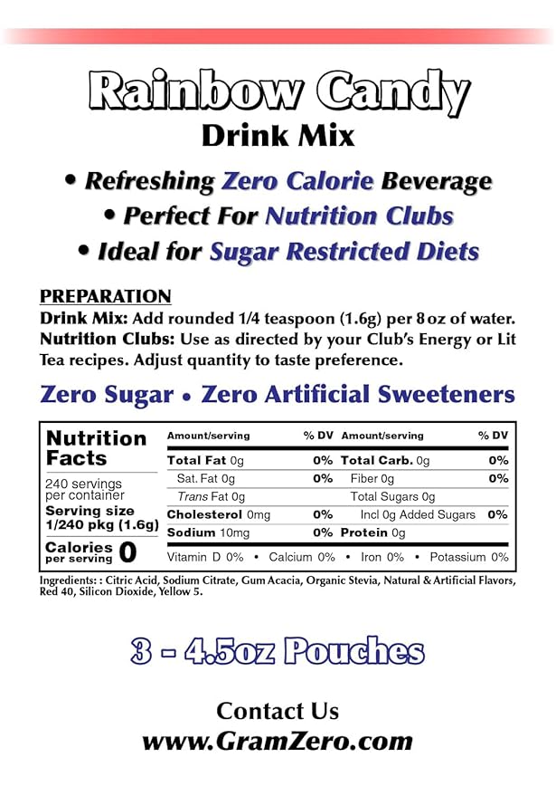 GramZero Rainbow Candy Zero Calorie Sugar Free Drink Mix Great For Nutrition Club Loaded Teas Stevia Sweetened