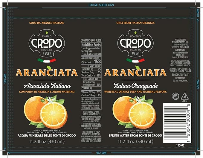 Fonti Di Crodo Aranciata Italian Sparkling Orangeade 11.2 Oz. Cans (Pack of 24)