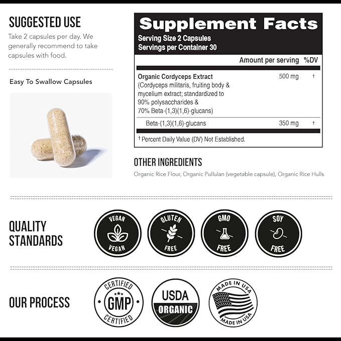 Organic Cordyceps Mushroom Extract - 70% Beta Glucans - Highest Active Nutrient Levels Max Potency Cordyceps Capsules US Grown + Ultrasonic Extraction - Performance Immunity &amp Energy - 60 Capsu