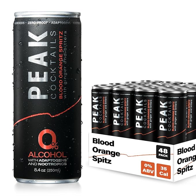 Peak Cocktails Non-Alcoholic Cocktail | Adaptogens Nootropics Superfoods for Calm Recovery and Sleep | Ashwagandha Tart Cherry L-Theanine | Mixologist-made | Blood Orange Spritz | 8.4oz 48-Pack