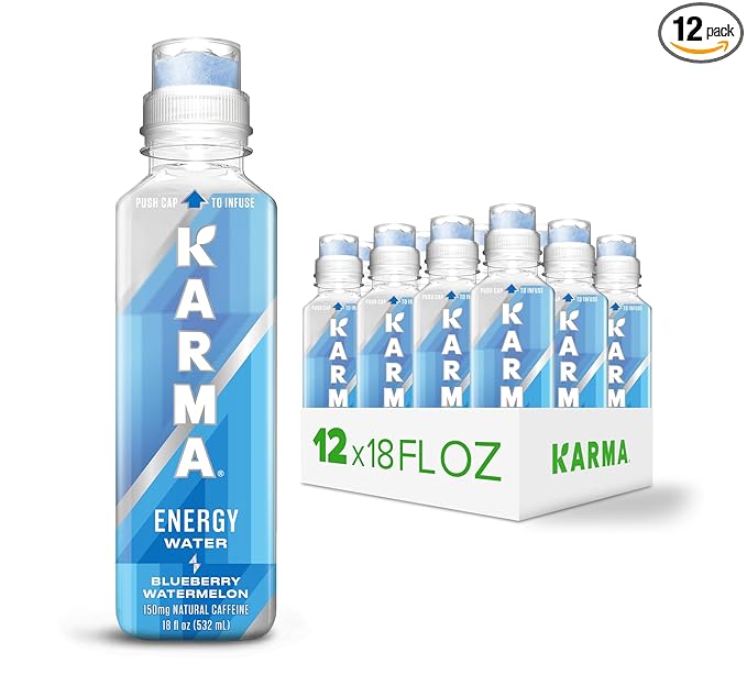 Karma Energy Drink – 12 Pack Blueberry Watermelon Caffeinated Water with Cognizin® Nootropics Vitamins &amp Immune Support Low Calorie