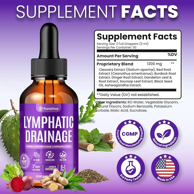 Organic Lymphatic Drainage Drops with Cleavers I Red Root I Burdock I Ginger I Dandelion I Soursop I Black Seed Oil I Ashwagandha Lymph System Support Detox - Liver Cleanse Supplement (1 Bottle)