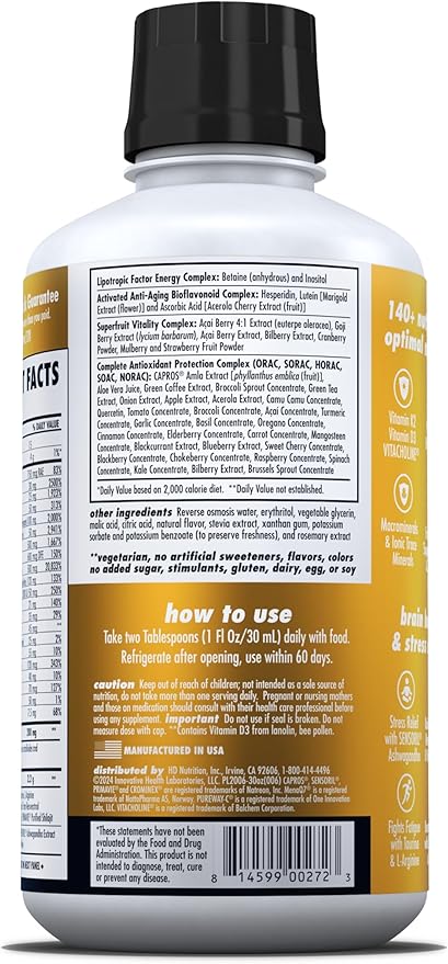 HEALTH DIRECT - Nature's Optimal Nutrition Energize Liquid Multivitamin Superfood - 140+ Nutrients - Mental Clarity &amp Energy - Immune &amp Cardiovascular Support – 30 Servings – Peach Mango