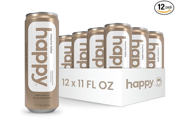happy coffee canned mocha latte 11 oz. cans 12 pack notes of cocoa &amp elation 100% arabica beans no artificial flavors or sweeteners