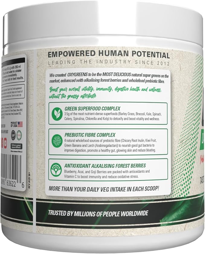 EHP Labs OxyGreens Super Greens Powder with Spirulina &amp Chlorella Prebiotic Fiber Probiotics &amp Digestive Enzymes – Antioxidant Green Superfood Supplement - 15 Serves (Strawb. Margarita)