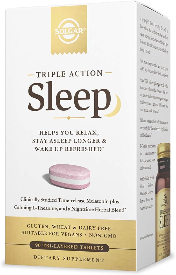 Solgar Triple Action Sleep 90 Tri-Layer Tablets - Time-Release Melatonin &amp L-Theanine Plus Herbal Blend - Helps You Relax - Non-GMO Gluten Free - 90 Servings