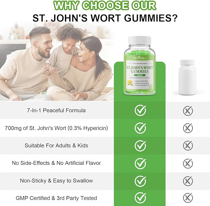 2 Pack St John's Wort Gummies 700mg Natural Herbal Supplement for Adults &amp Kids Support Calm Relaxation &amp Brain Health Vegan Non-GMO Gluten Free Apple Flavor 120 Count