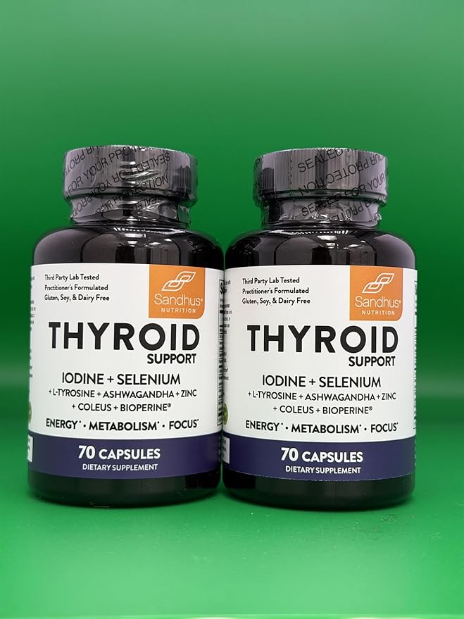 Sandhu's Thyroid Support with Selenium Zinc Iodine L Tyrosine Ashwagandha | Pure Health Supplement for Women &amp Men | 70 Count (Pack of 2) 70 Days Supply