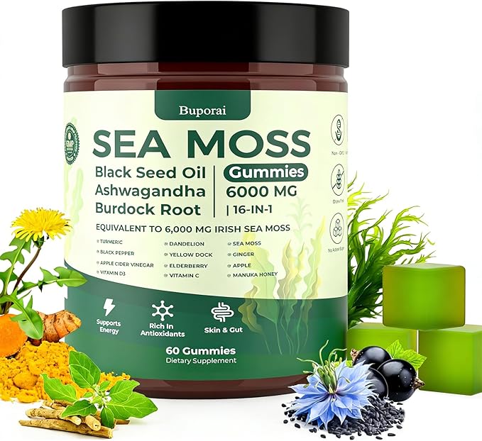 Sea Moss Gummies 16-1 Black Seed Oil Ashwagandha Turmeric Bladder Wrack Vitamin C Vitamin D3 Elderberry Manuka Dandelion Yellow Dock Apple Cider Vinegar for Men &amp Women