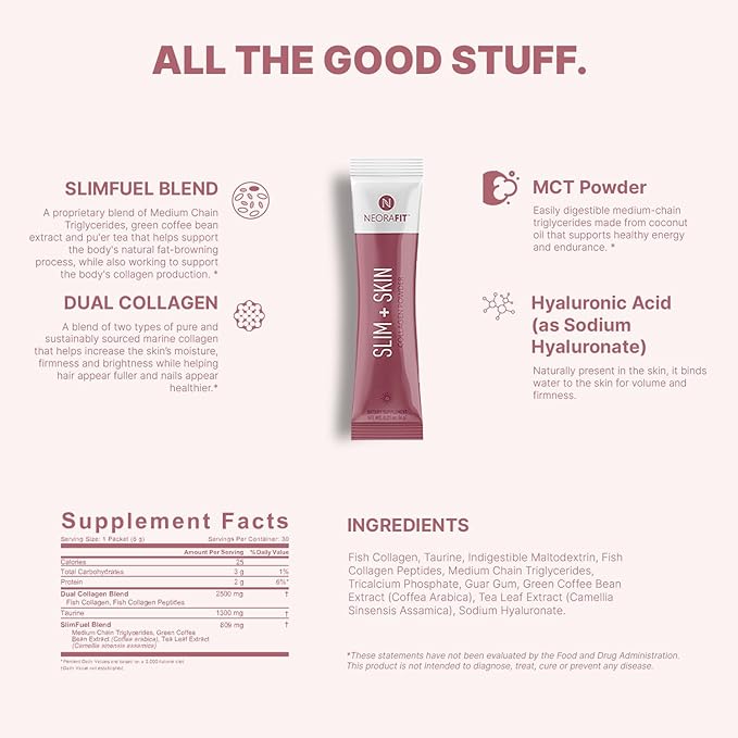 NeoraFit - Slim + Skin Collagen Powder with Marine Collagen Hyaluronic Acid &amp MCTs Supports Skin Hydration Hair &amp Nail Appearance Focus &amp Wellness - 30 Packets