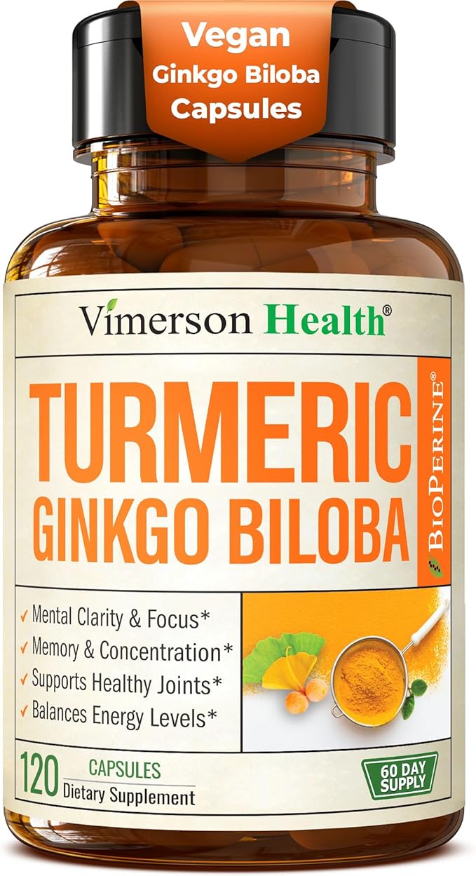 Ginkgo Biloba and Turmeric Curcumin Supplement with Black Pepper &amp Organic Tumeric – Natural Turmeric Supplement for Focus Memory Joint &amp Brain Health – 120 Vegan Ginko Biloba Capsules with