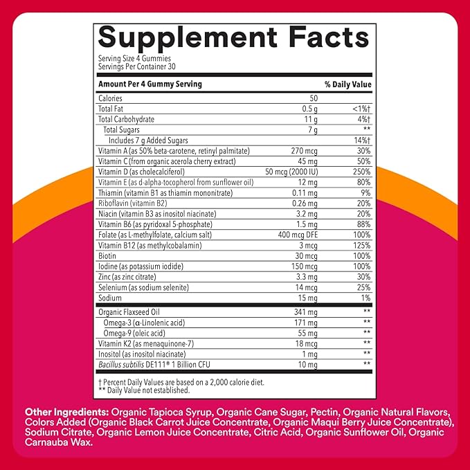 SmartyPants Organic Women's Multivitamin Gummies: Biotin Probiotics Methylfolate Omega 3 (ALA) Vitamin D3 C Vitamin B12 B6 A K &amp Zinc Inositol Gluten Free 120 Count (30 Day Supply)