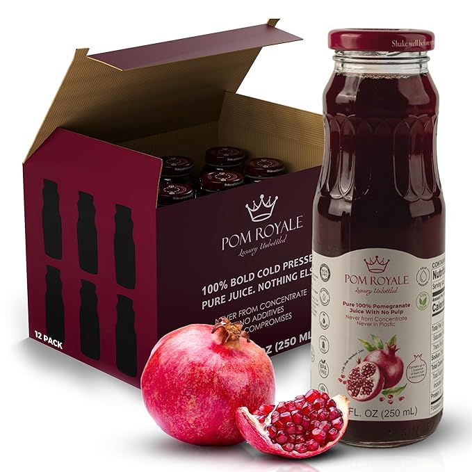 Pure Pomegranate Juice No Pulp 8.4 Ounce Glass Bottle (Pack of 15) Cold Pressed Juice Not from Concentrate Non-GMO No Sugar Added Gluten Free Kosher Certified Preservative Free