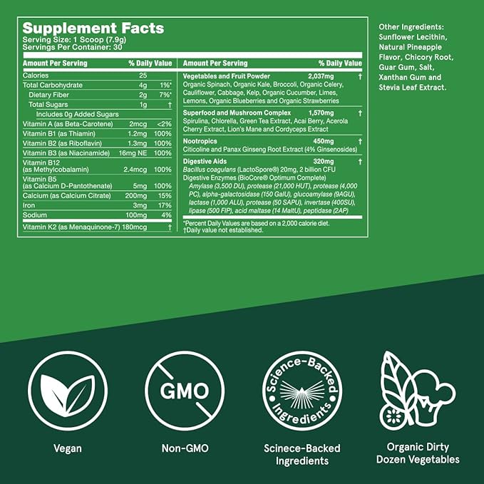 Bulletproof Greens 8.4 Ounces Daily Greens Powder with Superfoods and Nootropics Full Serving of Vegetables Essential Nutrients Packaging May Vary