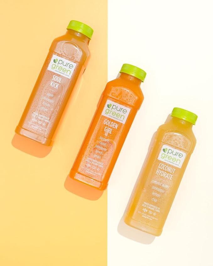 Pure Green Cold Pressed Juice - Golden Girl - Fresh Functional Blend with Turmeric Carrot Pineapple Lemon Ginger - Natural Gluten Free Non-GMO No Artificial Colors or Flavors - Made from Real F