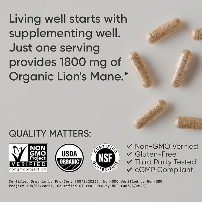 Sports Research® Organic Lion's Mane Mushroom Supplement 1800mg - Brain Health Focus &amp Cognitive Supports - USDA Certified Organic · Non-GMO · Vegan - 90 Count Capsules